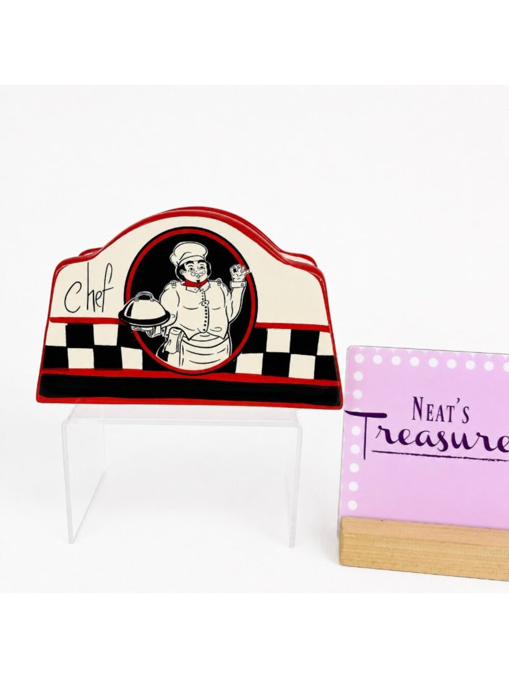 Vintage Garden Ridge CHEF French Bistro Red Black Check Ceramic Napkin Holder